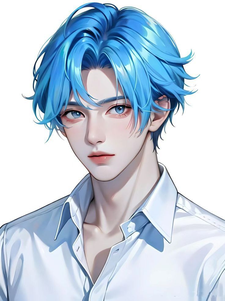 a man with blue hair wearing a white shirt