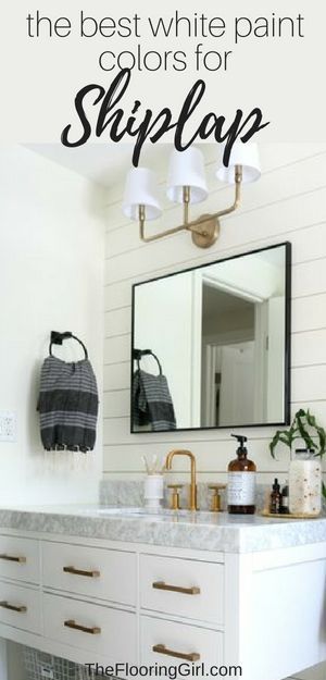 the best white paint colors for shiplap is in this bathroom with black and white accents