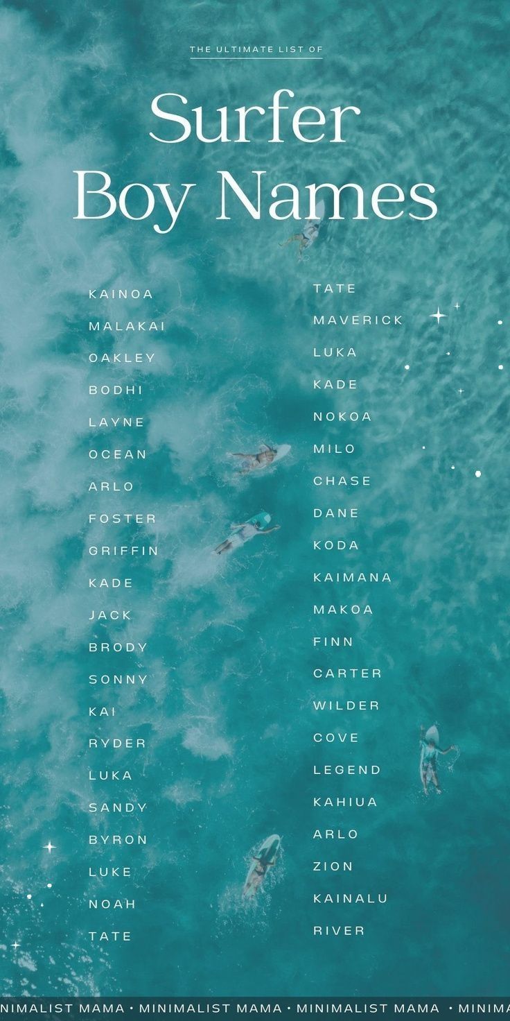 the poster for surfer boy names is shown in blue water with people swimming on it