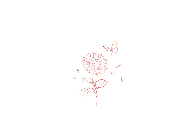 a drawing of a sunflower and butterflies on a white background