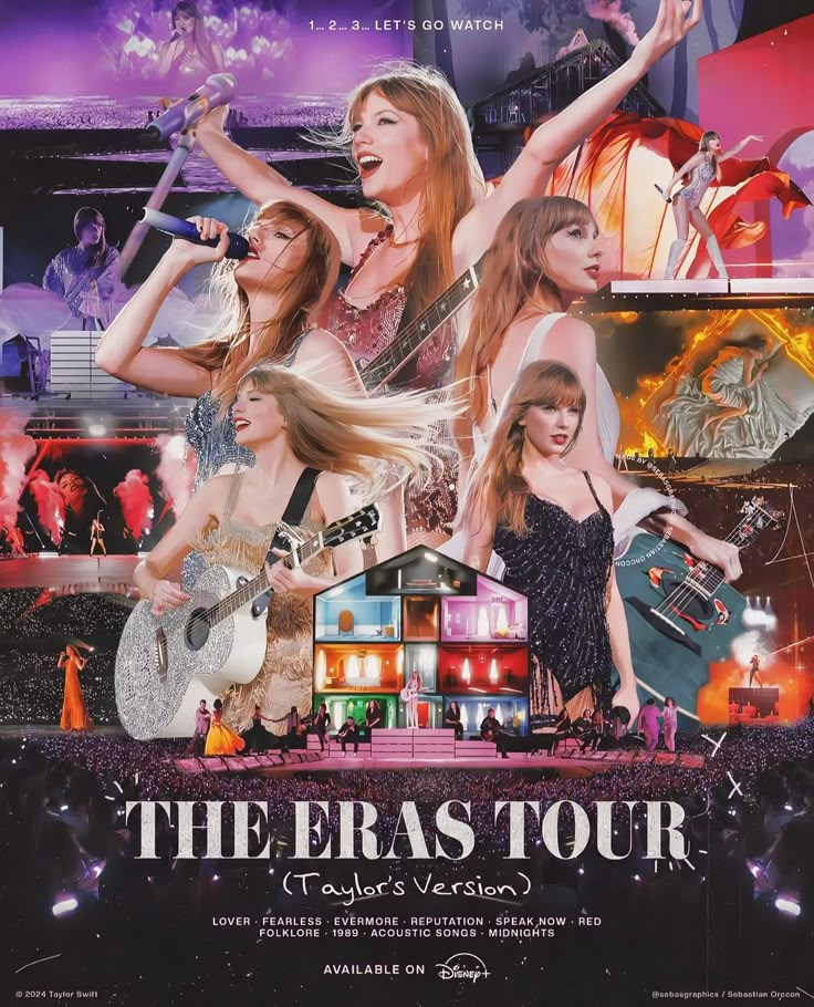 the eras tour poster with girls singing and holding guitars in front of an open stage