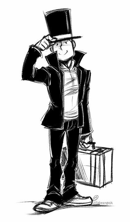 a black and white drawing of a man wearing a top hat with luggage in his hand