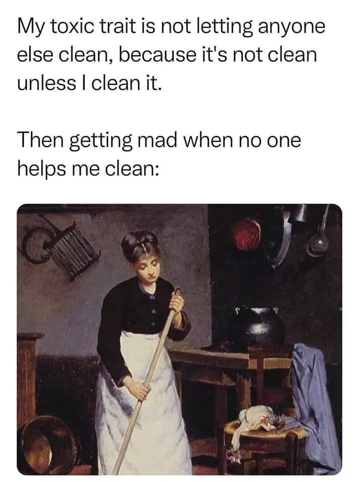 a woman in an apron holding a broom and cleaning the floor with her hand, next to a kitchen scene