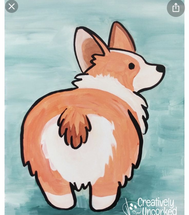 an acrylic painting of a corgi dog on a blue and green background