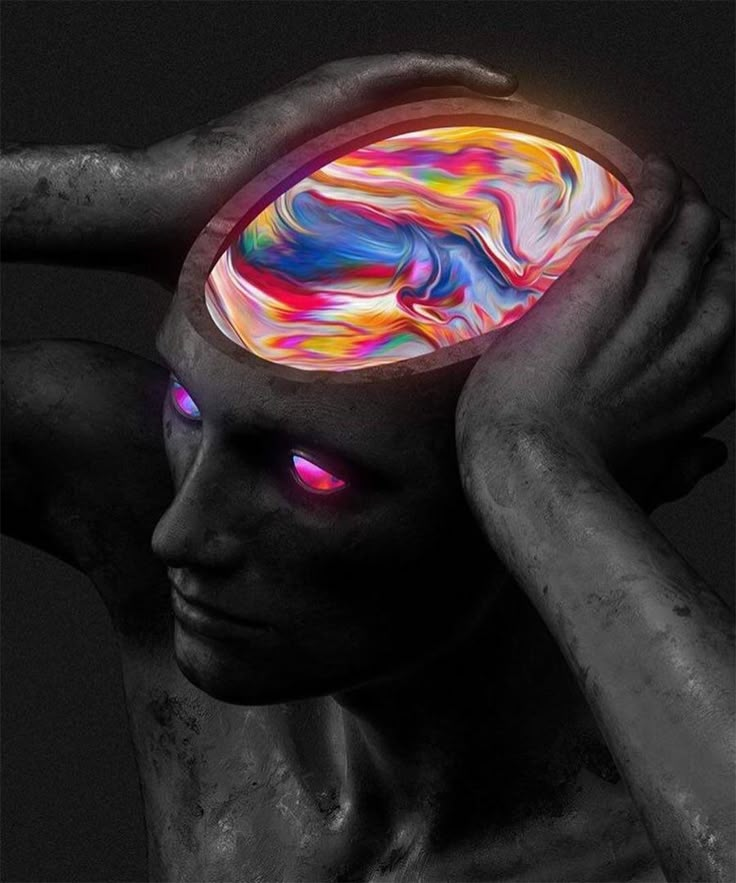 a man with his hands on his head has an object in the shape of a brain