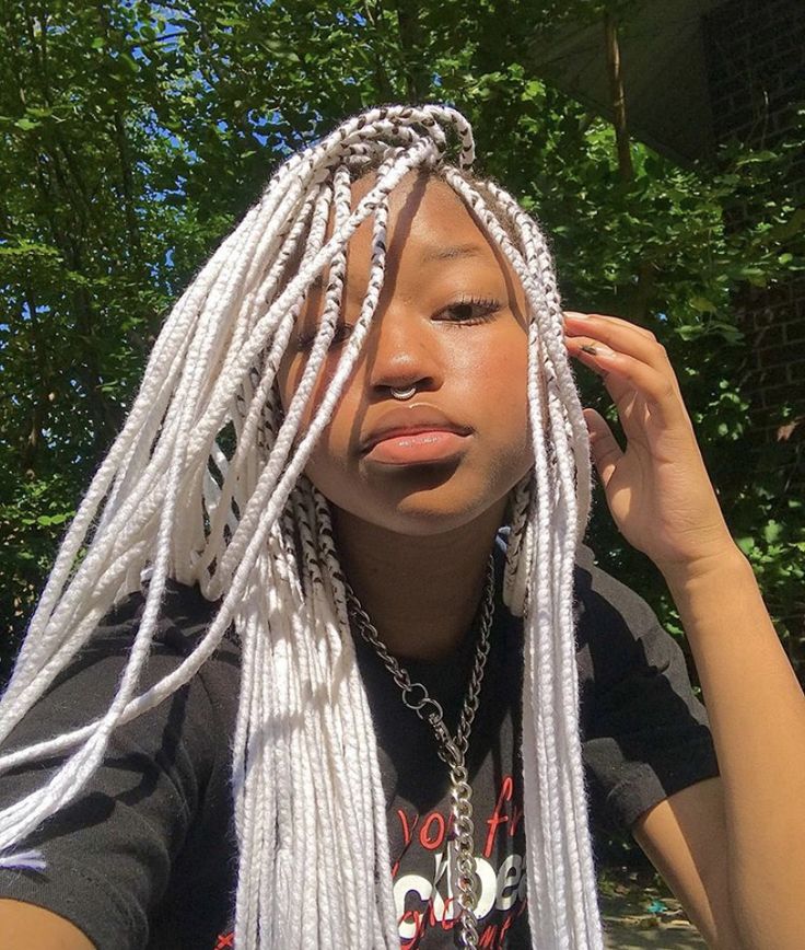 White Twists Braids, White Box Braids On Dark Skin, Braids With White Hair, Lavender Braids For Black Women, White Braids Black Women, Silver Braids For Black Women, White People With Braids, White Braids For Black Women, Pastel Box Braids