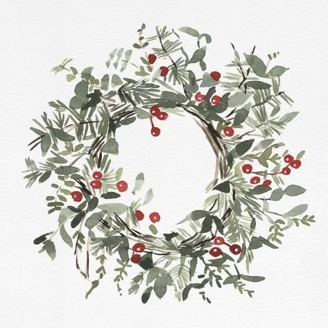 a watercolor painting of a wreath with red berries and green leaves on white paper