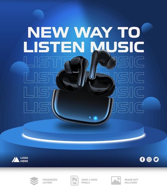 an ad for the new music store with earphones on display in front of a blue background