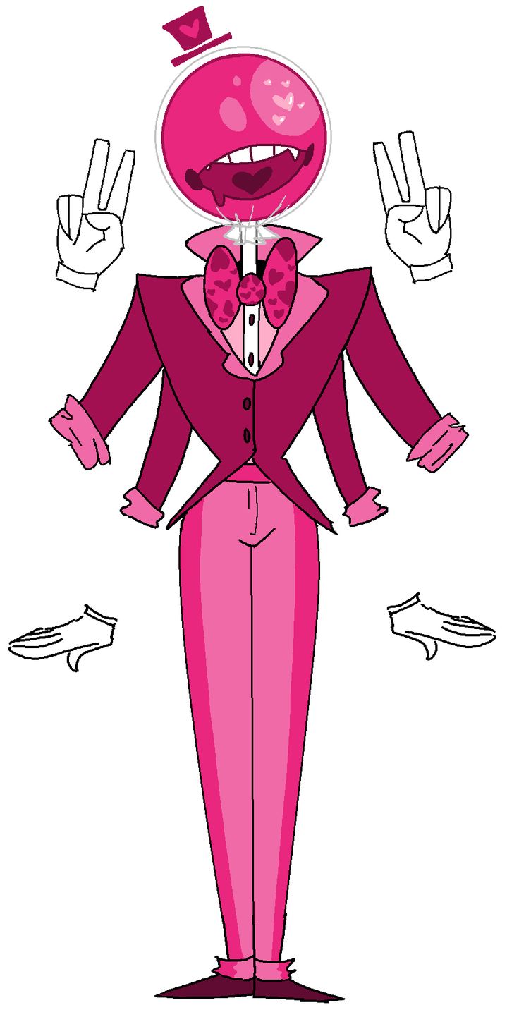 a pink cartoon character with two fingers in the air