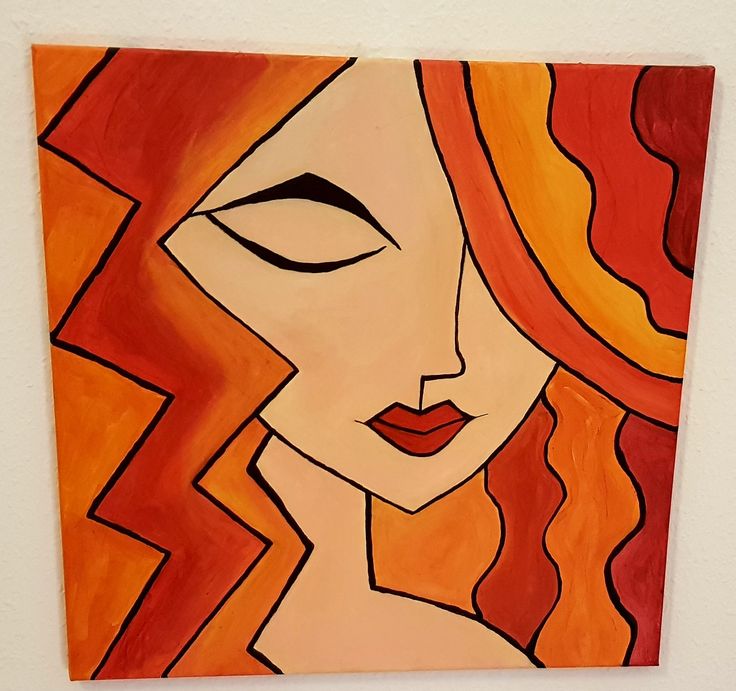 an abstract painting of a woman's face with red hair and orange eyes on a white wall