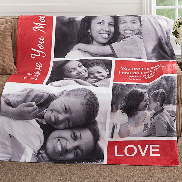 a blanket that has pictures of people on it and the words love are in red