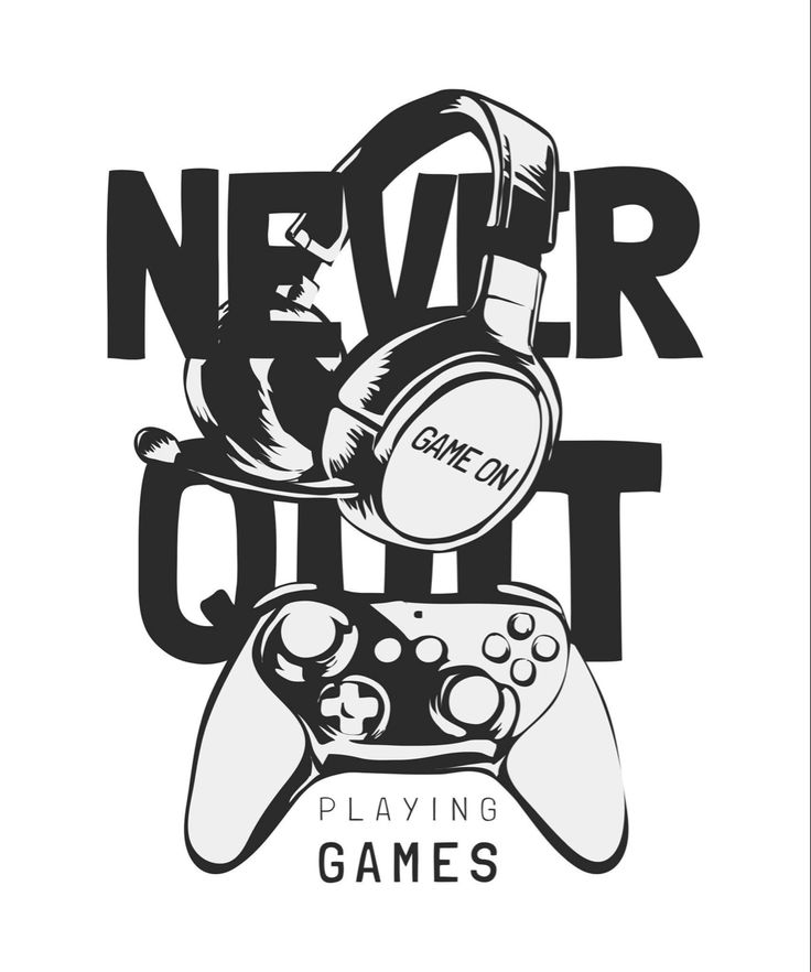 a black and white image of a video game controller with the words never out playing games