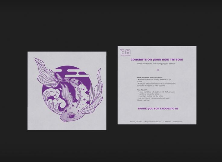 a purple and white brochure with an image of a koi fish on it