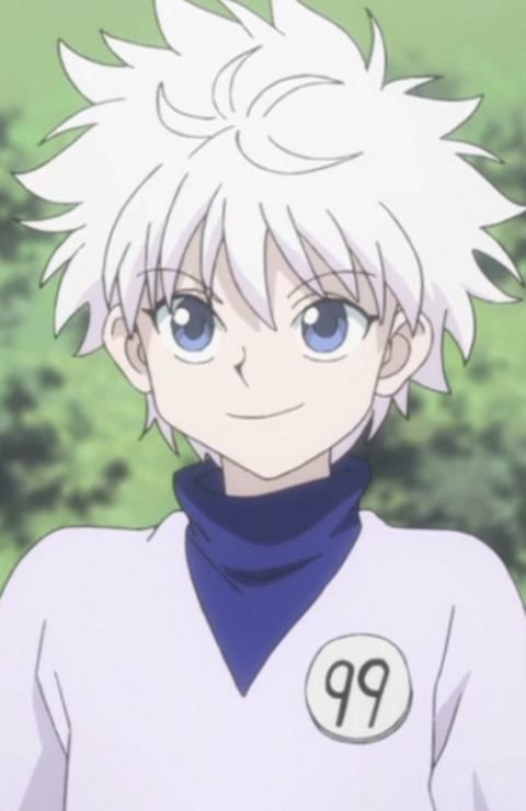 an anime character with white hair and blue eyes looking at the camera, in front of trees