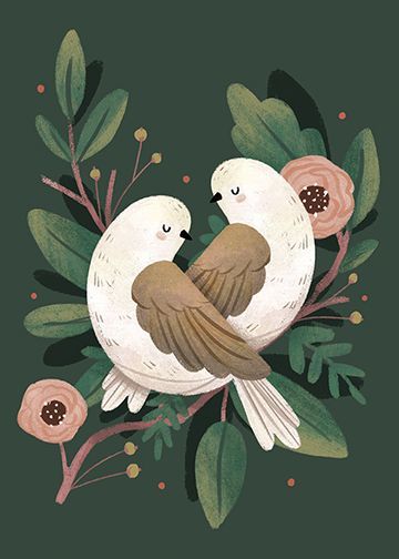 two white birds sitting on top of a green branch with pink flowers and greenery