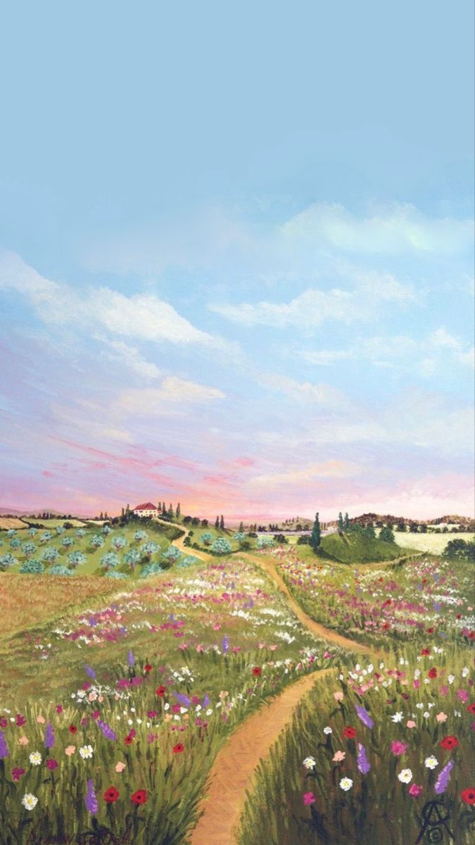 a painting of a dirt road in a field with wildflowers