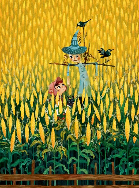 a painting of two people in a corn field with birds on their heads and one holding a stick