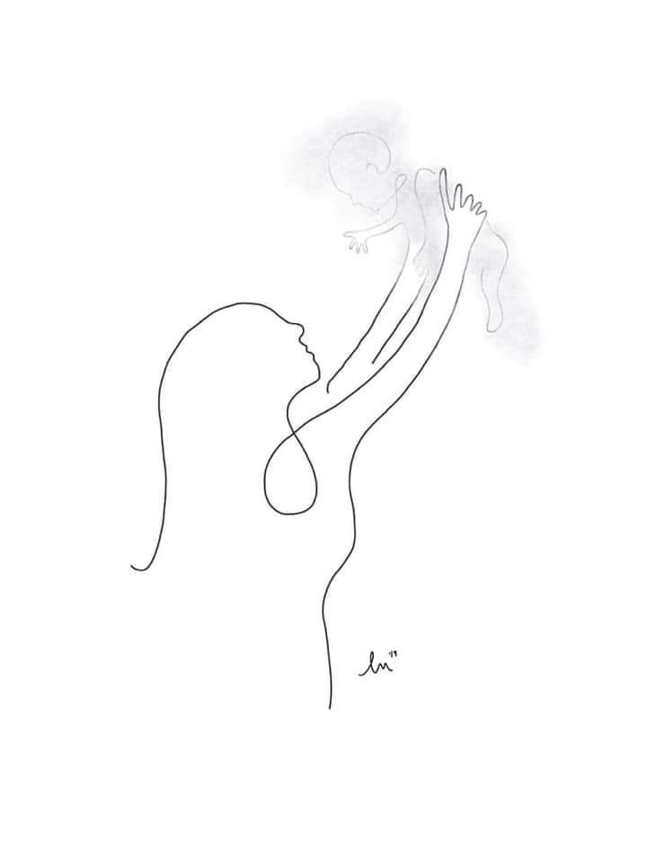 a line drawing of a woman with her hand in the air