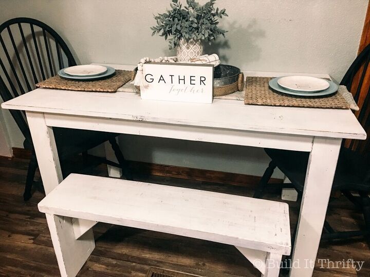 a small table and bench made out of wood with the words diy small farmhouse table and bench on it