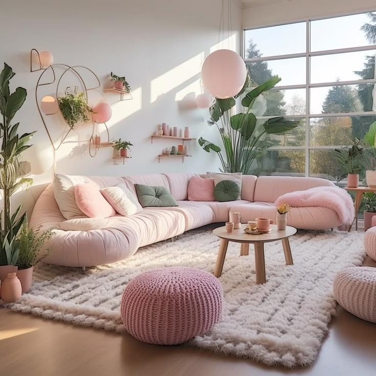 a living room filled with lots of pink couches and pillows on top of a rug