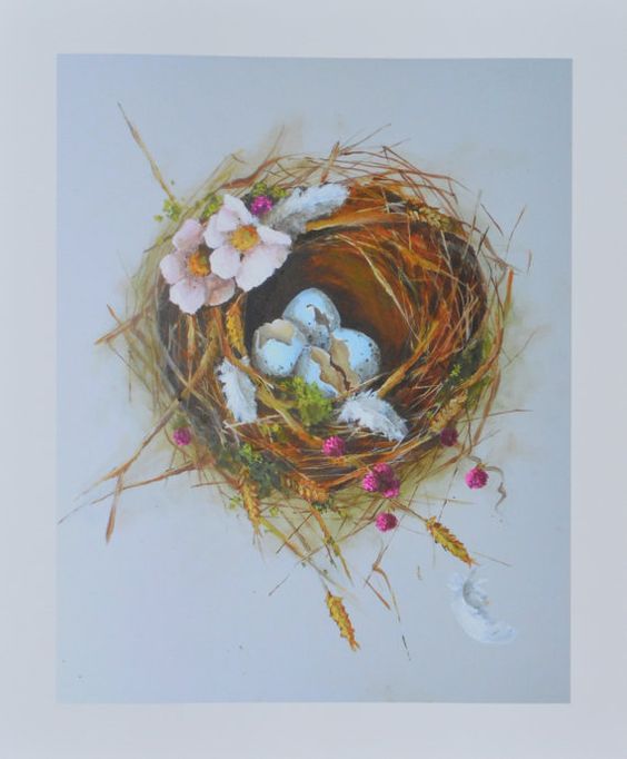 a bird nest with eggs and flowers on the top is painted in pastel colors