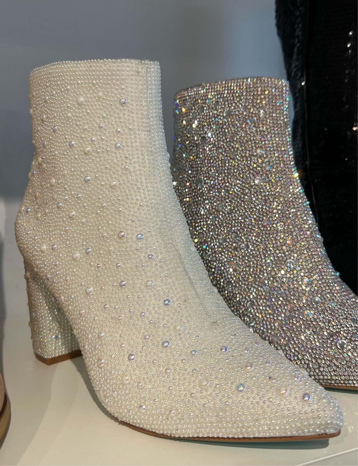 Runs true to size! Diamond White Boots, White Sparkle Cowgirl Boots, White Rhinestone Boots, Betsy Johnson Glitter Booties Outfit, Bedazzled Boots, Boots With Pearls, White Wedding Boots, Diamond Boots, Bling Boots