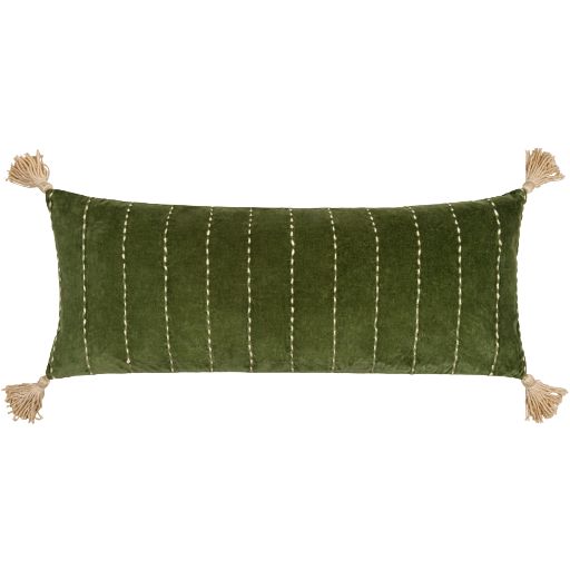 a green and white pillow with tassels on the edges, in front of a white background