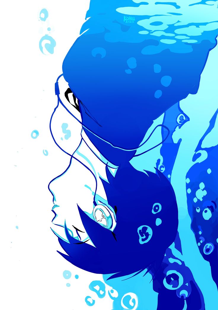 a drawing of a woman with blue hair under water