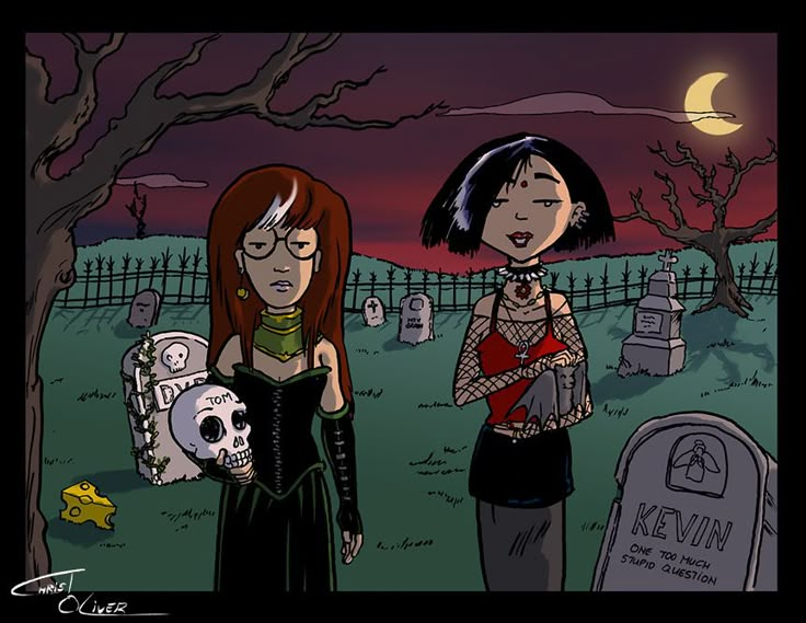 two women standing next to each other in a graveyard