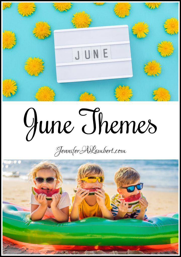 three children sitting in an inflatable raft on the beach with text overlay reading june themes