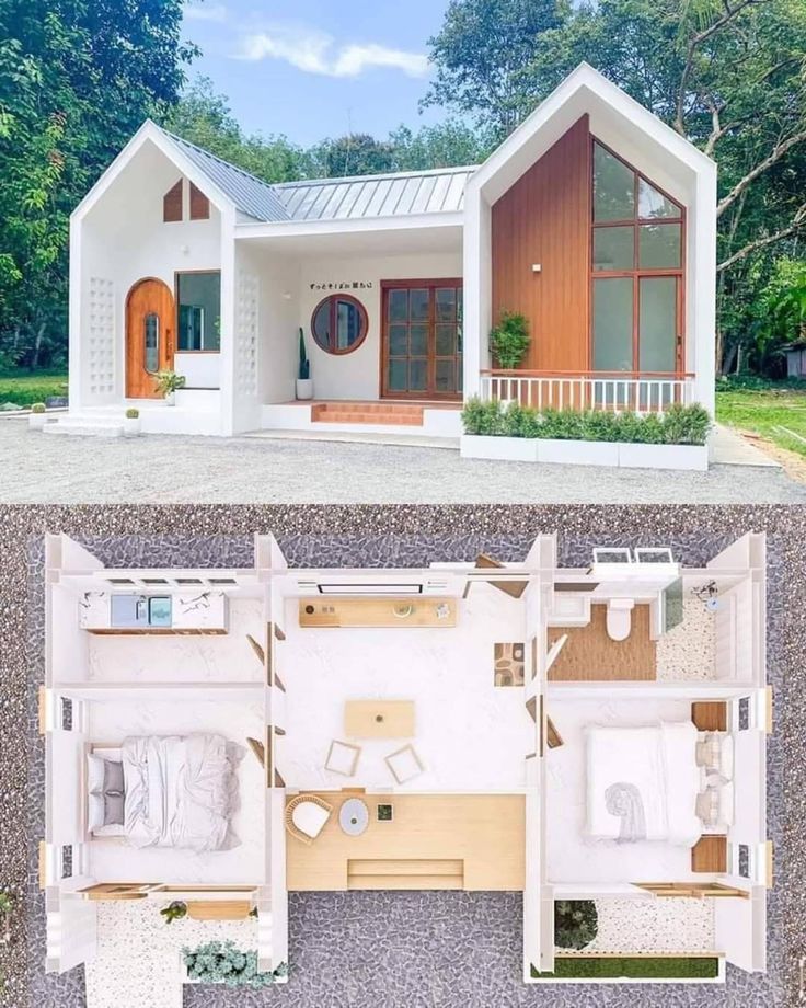 an overhead view of a two bedroom house