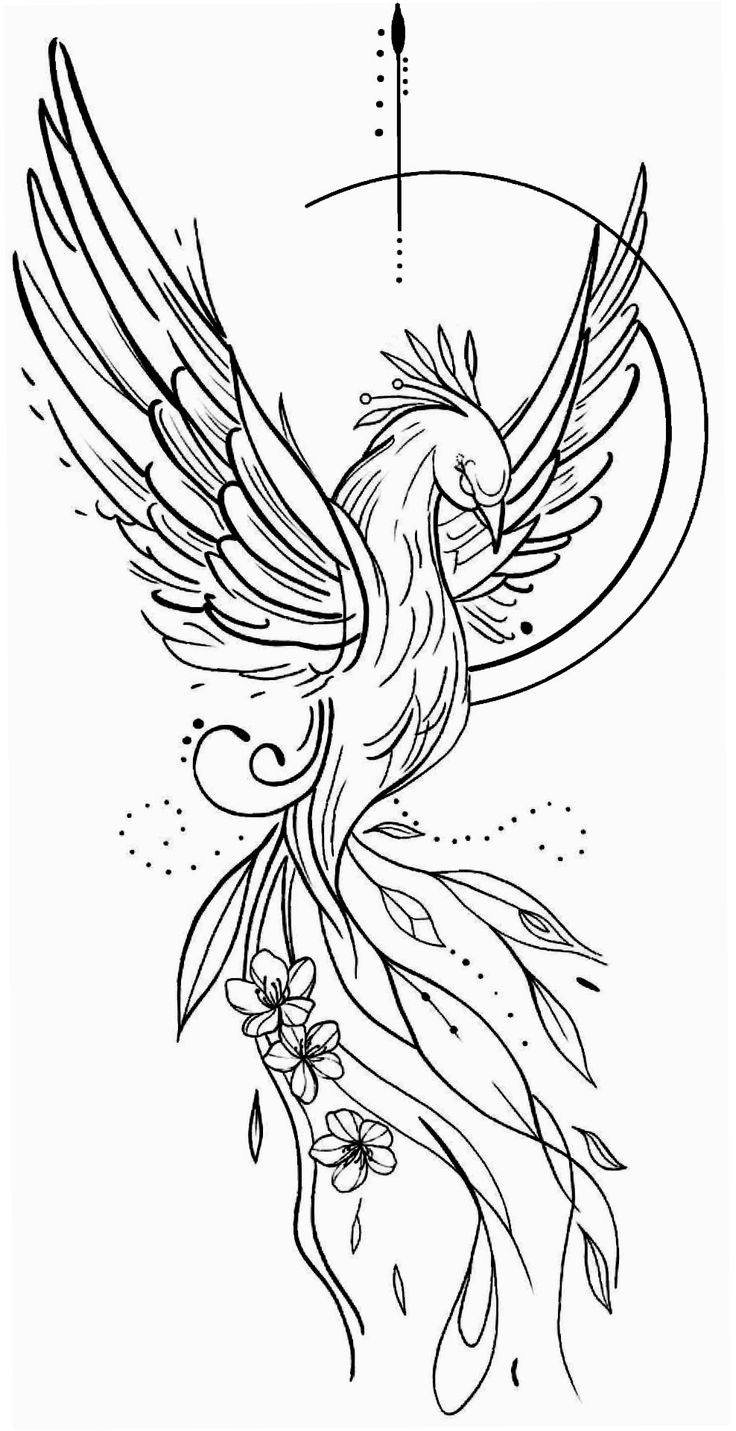 a black and white drawing of a bird with flowers on it's tail, flying in