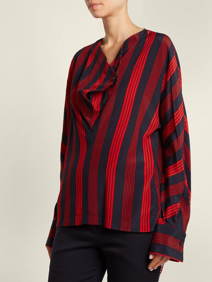 Leigh striped silk blouse | Joseph | MATCHESFASHION.COM Joseph Fashion, Blue Long Sleeve Top, Stripe Blouse, Blue Striped Top, Top Moda, Stripe Silk, Stripe Top, Button Top, Striped Blouse