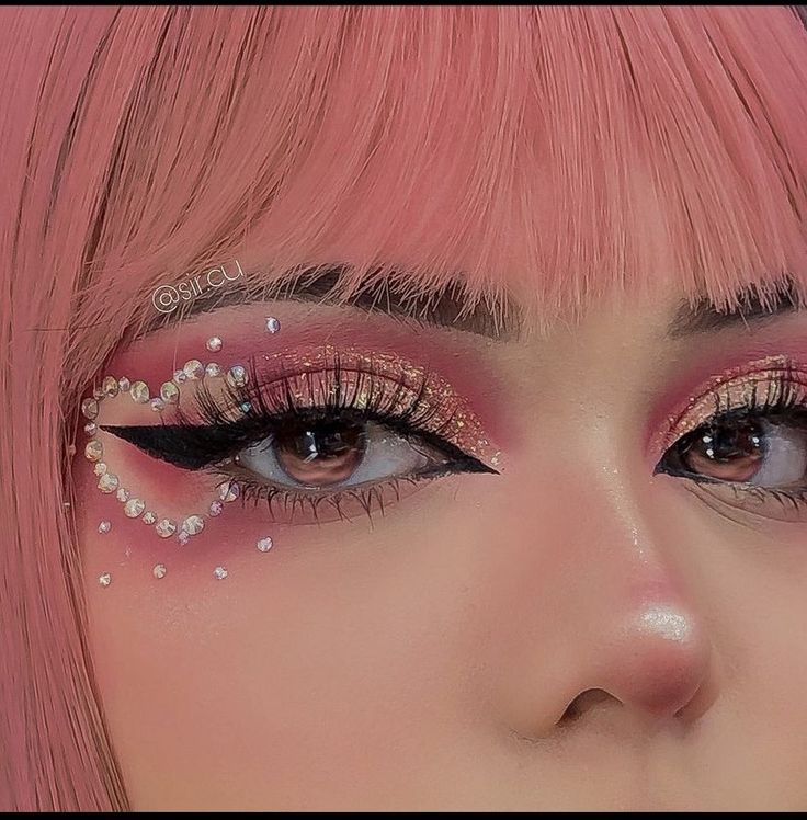 Rave Makeup With Gems, Pink Concert Makeup Ideas, Fun Makeup With Gems, Creative Pink Makeup, Sylveon Makeup, Pink Circus Aesthetic, Pink Concert Makeup, Unique Makeup Looks Fun, Graphic Liner Makeup Looks