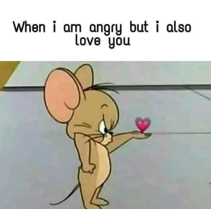 a cartoon mouse holding a pink heart with the caption when i am angry but i also love you