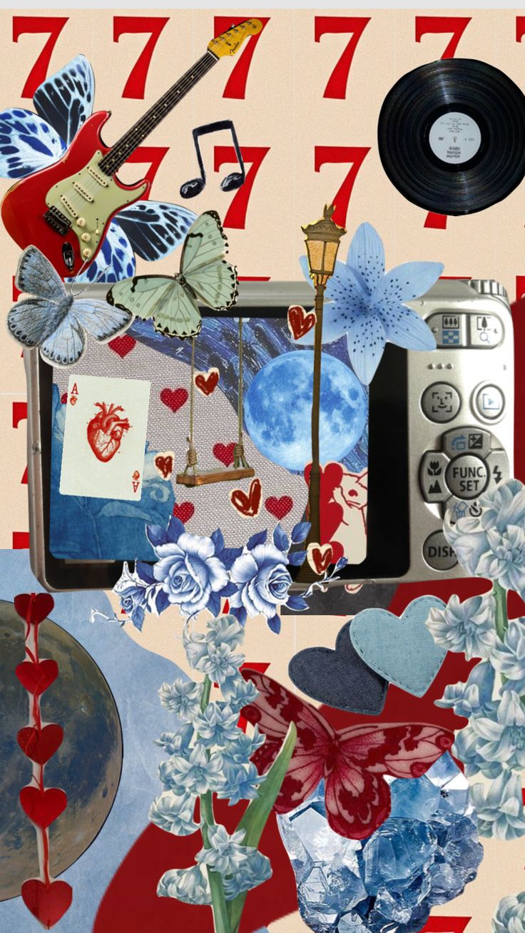 a collage of various objects including a television, record player and flowers