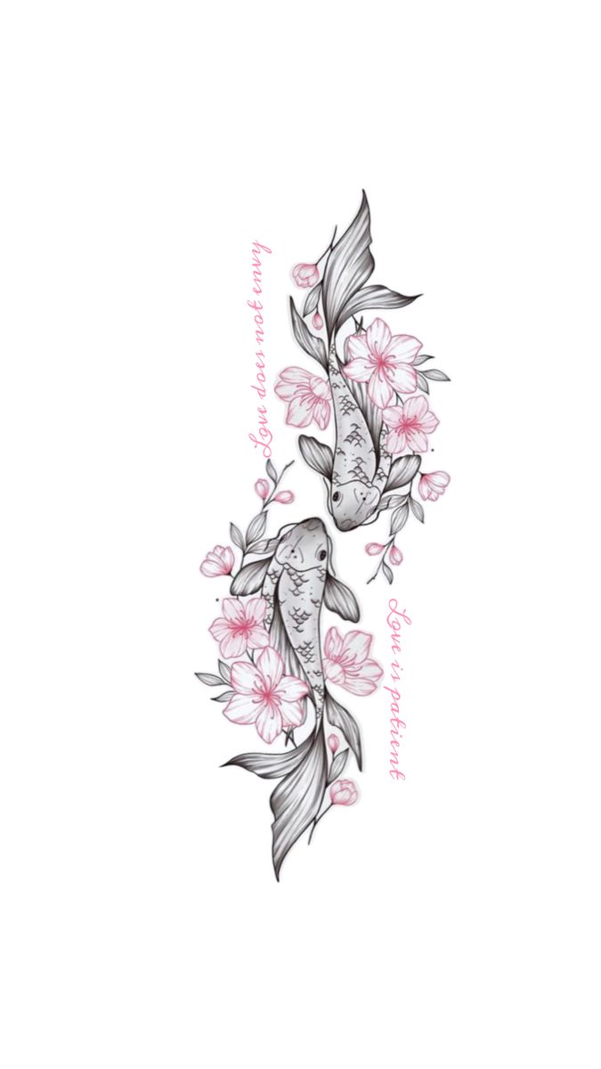 two koi fish with pink flowers tattoo design