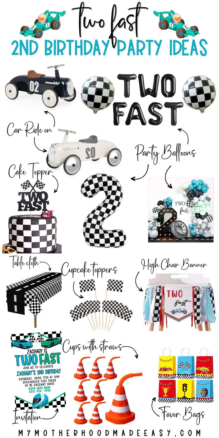 a birthday party with cars and checkered tablecloths on it, including the number two