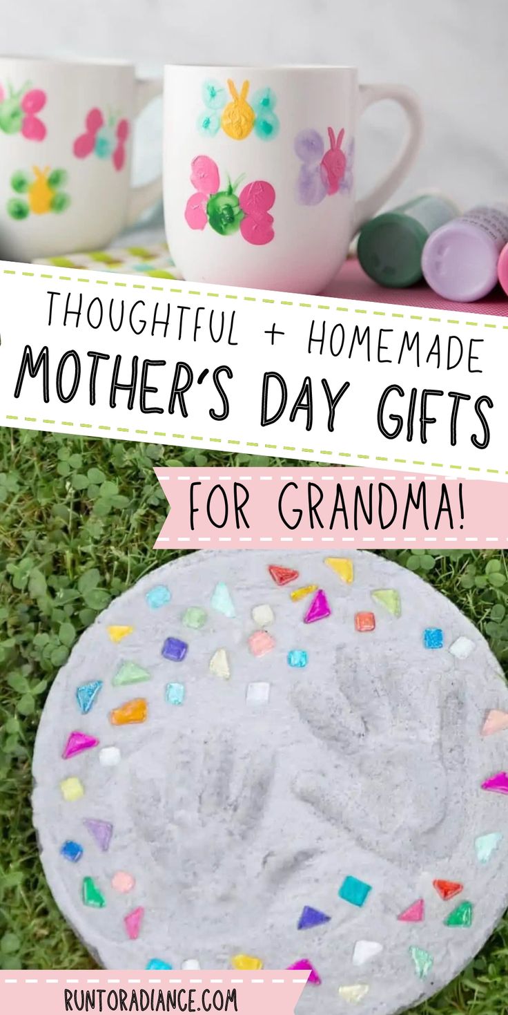 mother's day gifts for grandma on the grass with coffee mugs and crayons