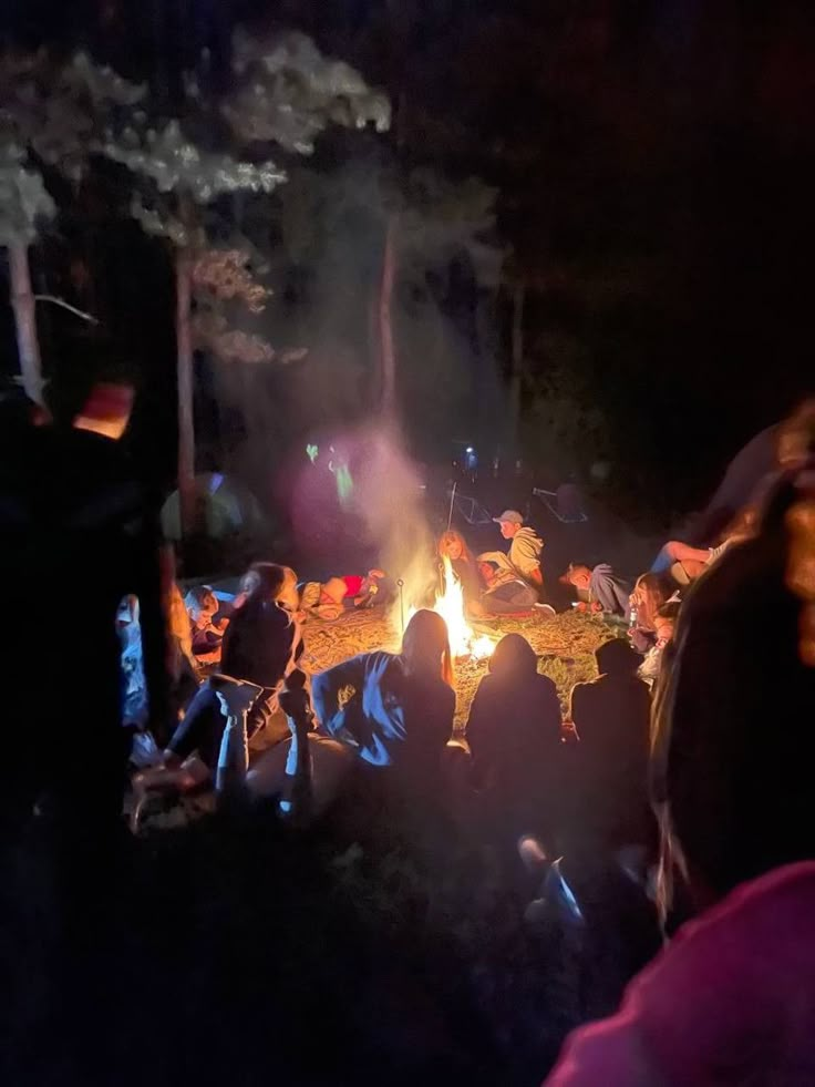 a group of people sitting around a fire in the woods at night with bright lights