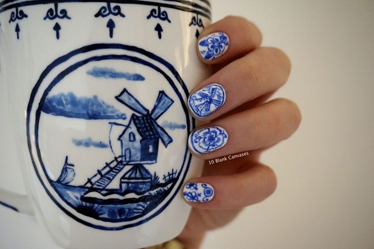 Amsterdam Nails Art, Delft Blue Nails, Delft Nails, Amsterdam Nails, Tumblr Nail Art, Trip To Amsterdam, Blue And White Nails, Floral Nail, Blue Nail Art