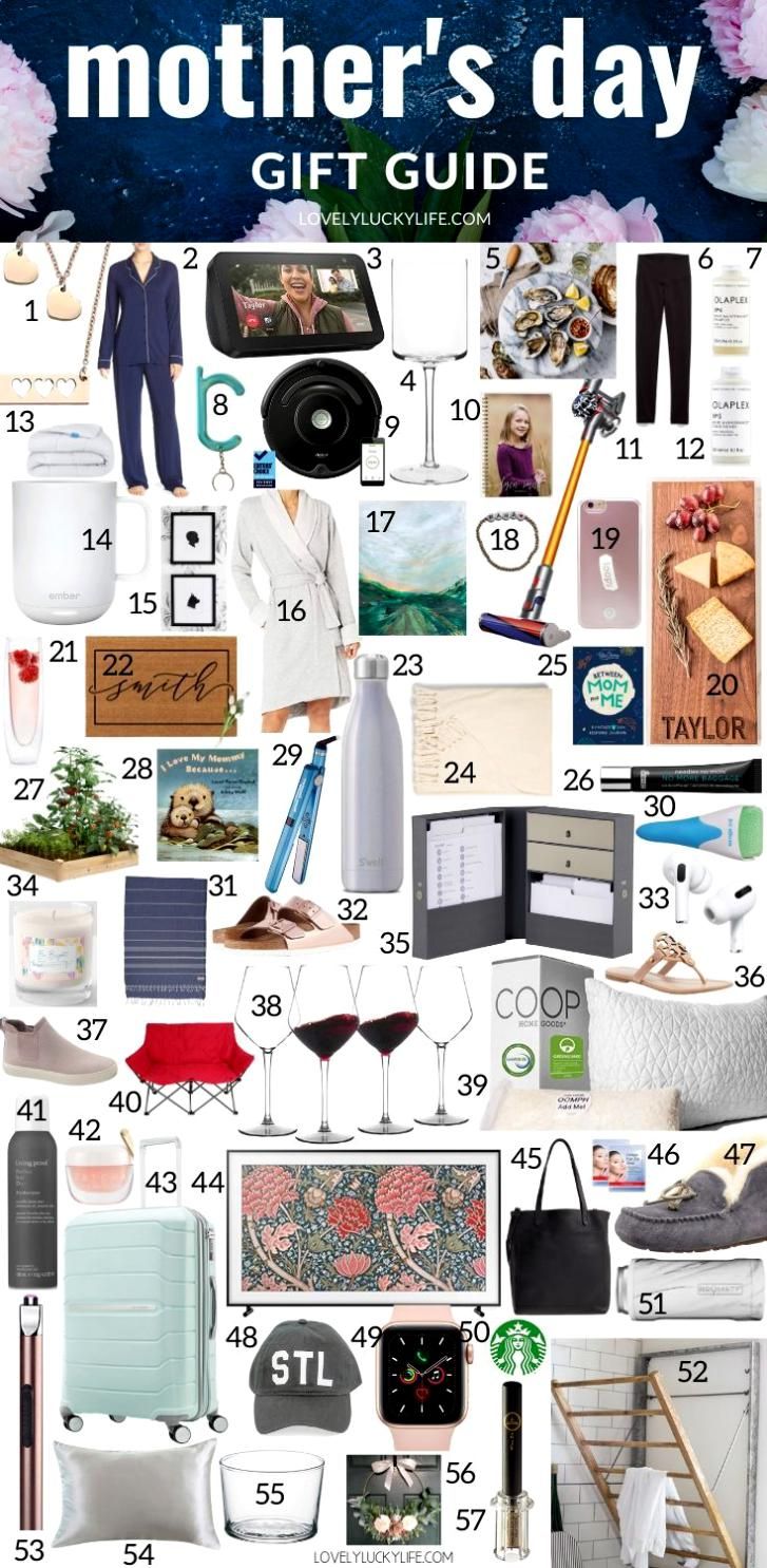 the mother's day gift guide is shown in this image with flowers and other items