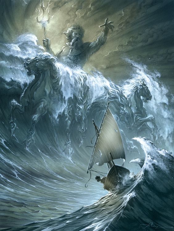 an image of a ship in the ocean with angels above it and another boat below