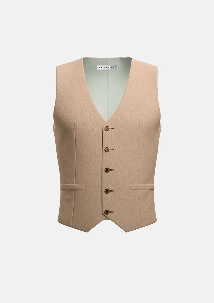 Crafted from one of the most popular chino colors out there, the Camel Cotton vest is custom-made from durable, high-quality cotton for a polished and refined look. Perfect for professional or semi-formal occasions, it's sure to turn heads! Is this your new go-to outfit enhancer? Formal Spring Vest With Welt Pockets, Elegant Brown Vest With Notch Lapel, Elegant Brown Notch Lapel Vest, Fitted Brown Cotton Sweater Vest, Brown Fitted Cotton Sweater Vest, Sleeveless Tailoring Vest With Welt Pockets, Slim Fit Sleeveless Workwear Vest, Classic Vest For Workwear, Classic Sleeveless Vest For Formal Occasions