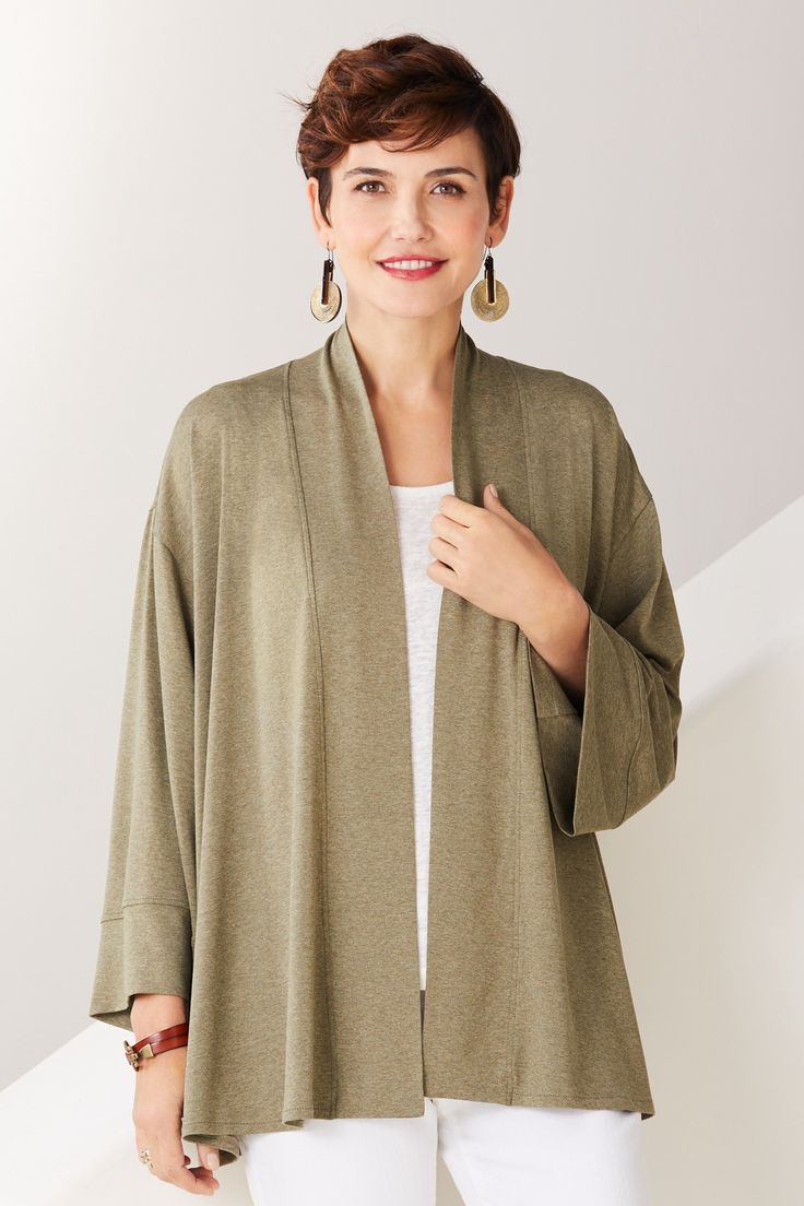 Knit Jacket - A third piece worthy of any occasion. With elegant kimono sleeves, this expressive take on a simple open cardigan is both refined and laid-back. Spring Batwing Sleeve Solid Outerwear, Chic Spring Cardigan With Batwing Sleeves, Spring Chic Cardigan With Batwing Sleeves, Elegant Oversized Open Front Outerwear, Elegant Open Front Layering Shrug, Elegant Open Front Shrug For Layering, Chic Fall Kimono For Loungewear, Elegant Long Sleeve Relaxed Fit Kimono, Chic Outerwear With Batwing Sleeves For Layering