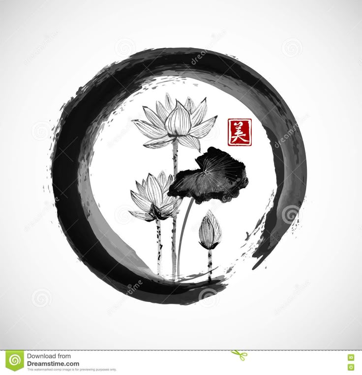 black and white painting with lotus flowers in the circle, chinese calligraphy font on it