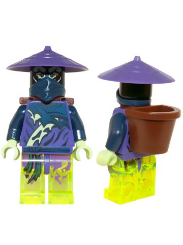 two lego figurines with purple hats on their heads and one is holding a potted plant