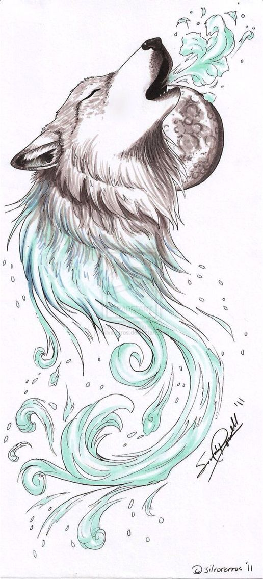 a drawing of a wolf's head with waves coming out of its mouth and water swirling around it