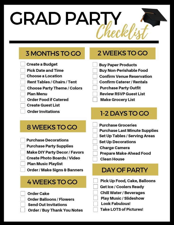 a graduation party checklist is shown in gold and black with the words grad party checklist on it