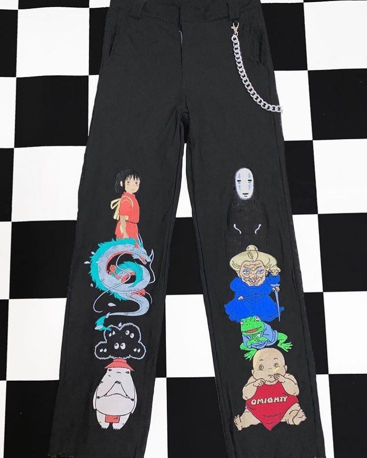 These pants are from Instagram and was posted by  @omightyshop Anime Pants, Chain Pants, Go Work, Cute Sweatpants Outfit, Never Say No, School Pants, Painted Clothes Diy, Cute Sweatpants, Sweatpants Outfit